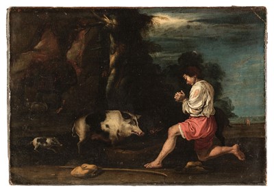 Lot 59 - Both (Jan, 1615/1618-1652, Follower of). Rocky landscape with swineherd, oil on canvas