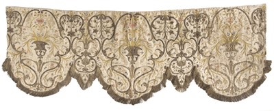 Lot 645 - Embroidered pelmet. A fine metalwork silk pelmet, Italian, late 17th/early 18th century