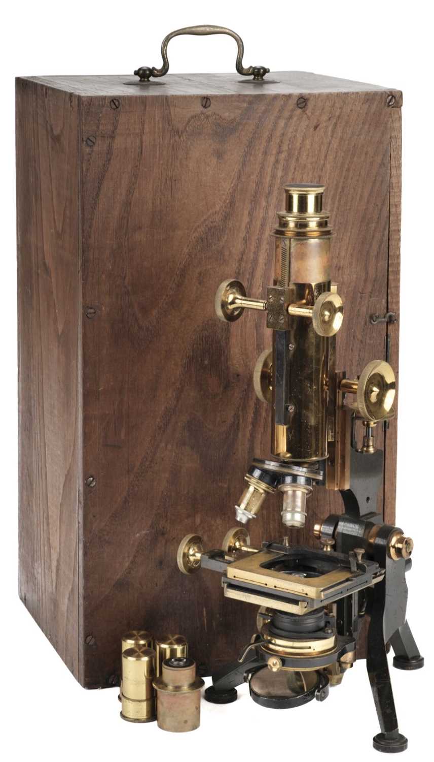 Lot 573 - Microscope. W. Watson & Sons Ltd lacquered brass compound microscope circa 1910