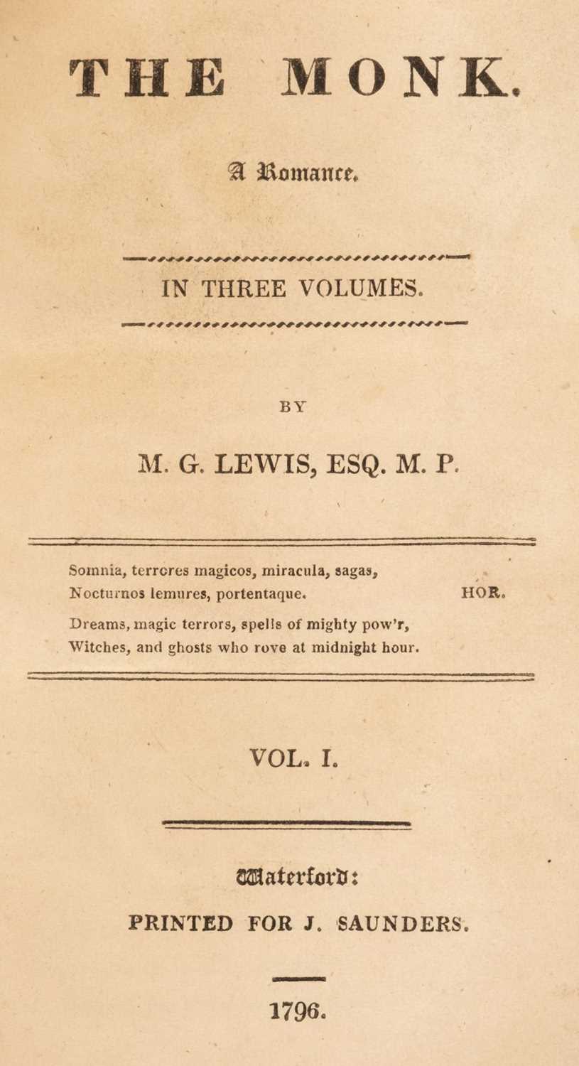 Lot 371 - Lewis (Matthew Gregory). The Monk. A Romance, 3 vols., Waterford: J. Saunders, 1796 [i.e. 1818]