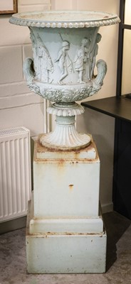 Lot 590 - Garden Urn. Victorian cast iron campana garden urn on pedestal