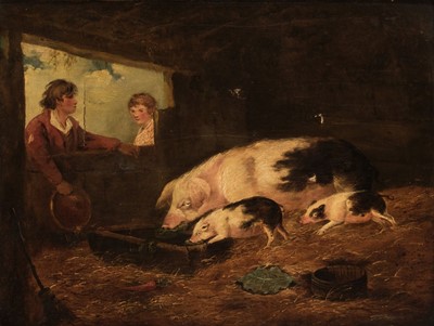 Lot 121 - Manner of George Morland (1762/63-1804). Sow and Piglets in a Sty, circa 1820, oil on canvas