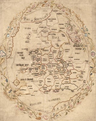 Lot 643 - Embroidered map. Oval map of England & Wales, circa 1800