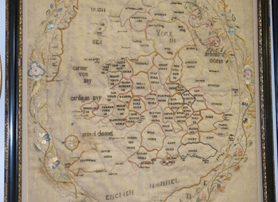 Lot 643 - Embroidered map. Oval map of England & Wales, circa 1800