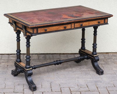 Lot 591 - Gillow & Co. A Victorian ebonised gilt and burr walnut writing table by Gillow & Co