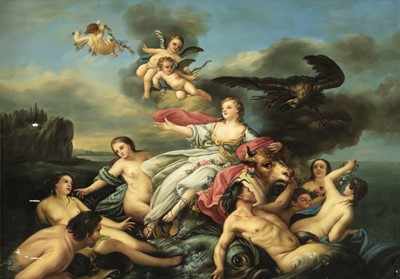 Lot 144 - Style of François Boucher (1703-1770). Rape of Europa, late 19th century, oil on porcelain