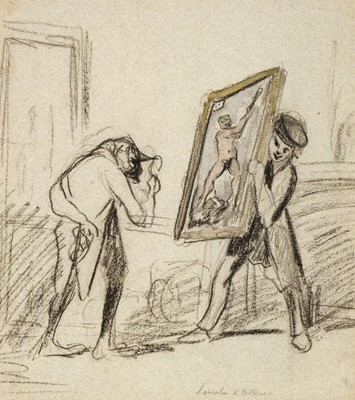 Lot 186 - French School. L'Amateur de Tableaux, circa 1900, coloured chalk drawing on pale blue paper