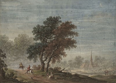 Lot 92 - Dutch School. Landscape with riders on a path, and distant village, later 17th century