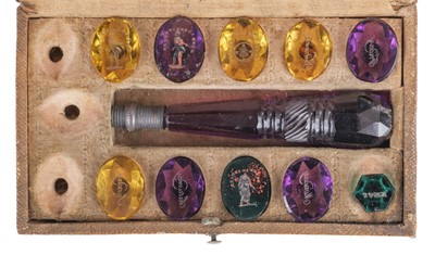 Lot 442 - Desk Seal Set. An early 19th century coloured glass wax seal set