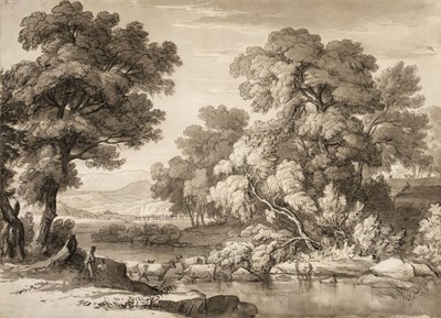 Lot 155 - English School. Landscape with cows watering, circa 1810