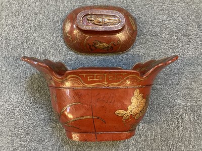 Lot 493 - Rice Pot. An early 20th century Chinese red lacquered rice pot and cover