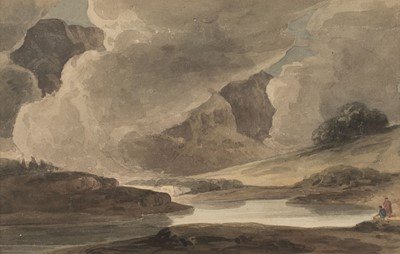 Lot 149 - Manner of Cornelius Varley (1781-1873). Landscape, storm clouds and river, circa 1800, watercolour