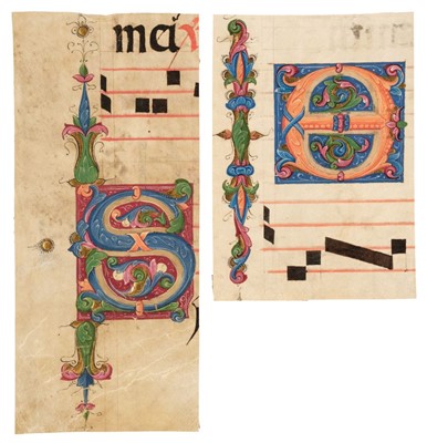 Lot 332 - Illuminated initials. Two illuminated leaf cuttings with initials on vellum, Italian, circa 1450