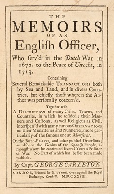 Lot 124 - [Defoe, Daniel, attributed]. The Memoirs of an English Officer, 1st edition, Large Paper copy, 1728