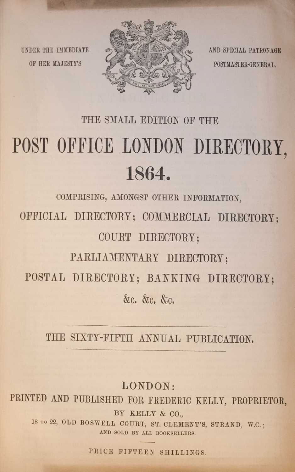 Lot 242 - Kelly's Directory. The Small Edition of the Post Office London Directory, 1864