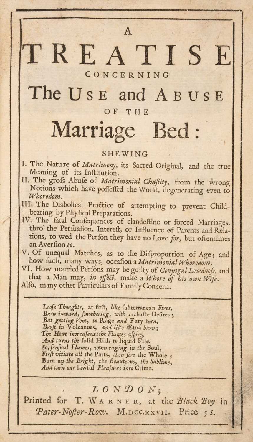 Lot 123 - Daniel Defoe. Treatise concerning the Use and Abuse of the Marriage Bed, 1st edition, 1727