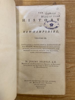 Lot 166 - Belknap (Jeremy). The History of New Hampshire, 3 volumes, 1791-92