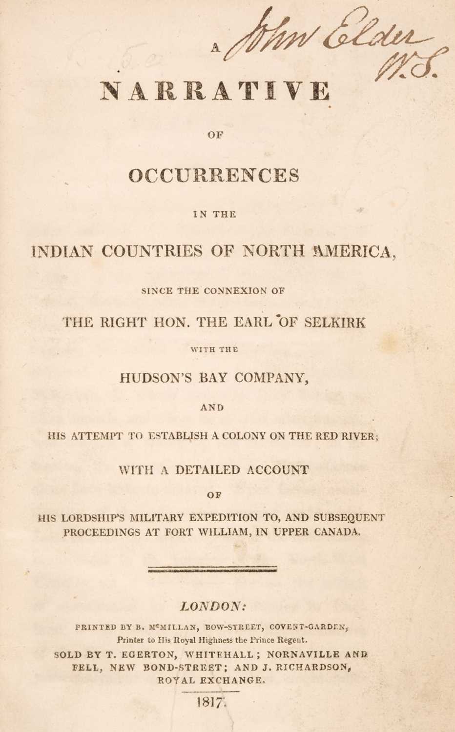 Lot 222 - [Wilcocke, Samuel Hull]. A Narrative of Occurences in the Indian Countries of North America, 1817