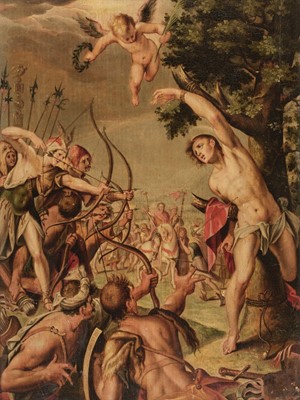 Lot 34 - Studio of Hans van Aachen, The Martyrdom of Saint Sebastian, c. 1554, oil on panel