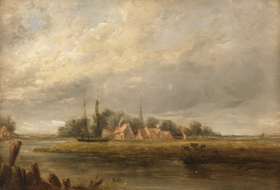 Lot 47 - Norwich School. A River Landscape with thatched cottages, c. 1800