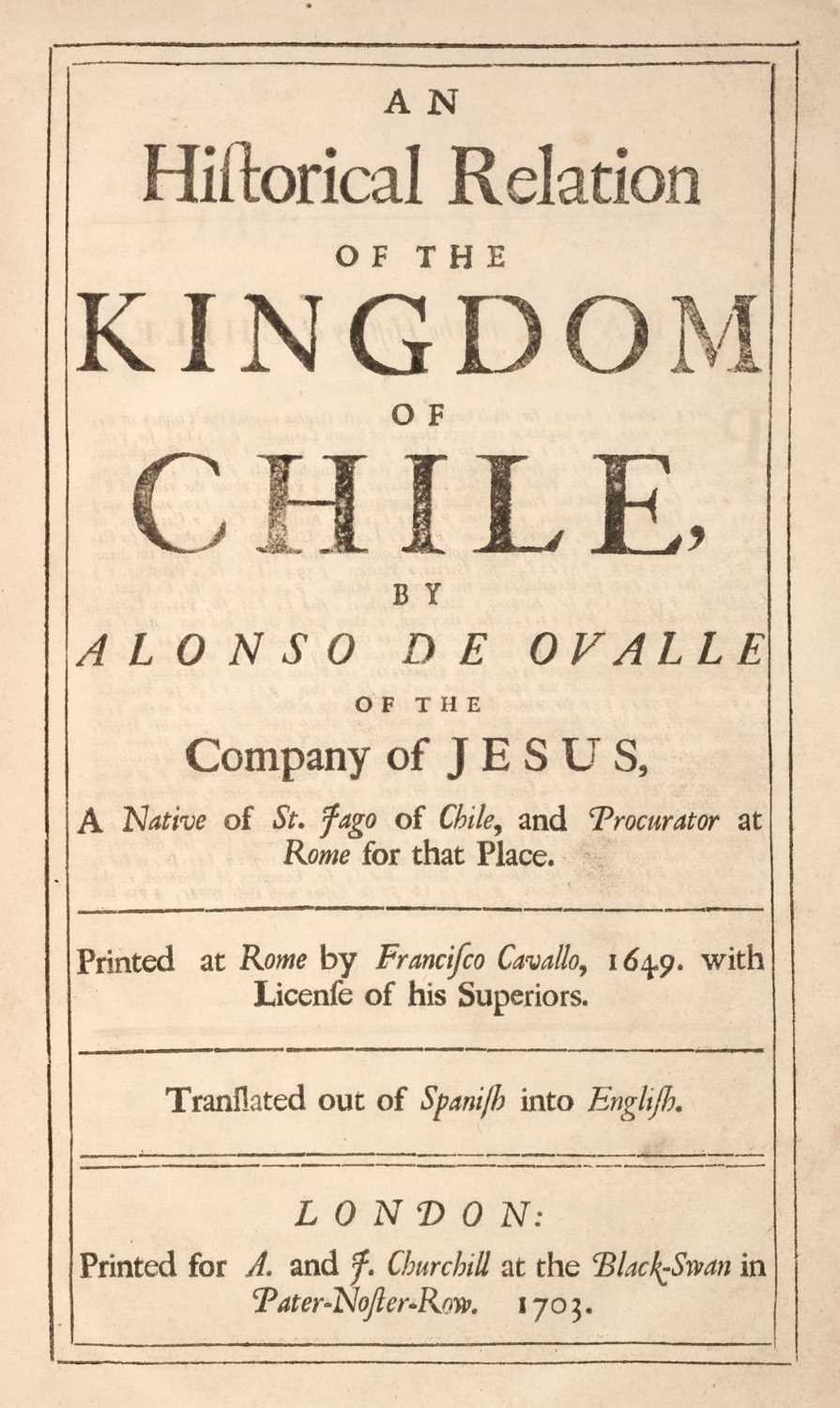 Lot 108 - Ovalle (Alonso de). An Historical Relation to the Kingdom of Chile..., 1703