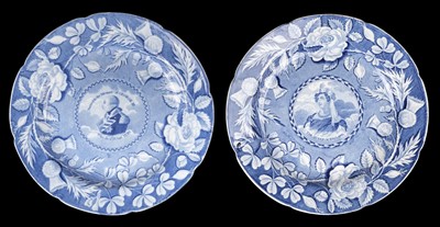 Lot 354 - George III and Queen Charlotte. A pair of blue and white transfer printed plates, 1820