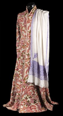 Lot 412 - Embroidered coat. A Kashmiri long coat, early 20th century, & an embroidered stole