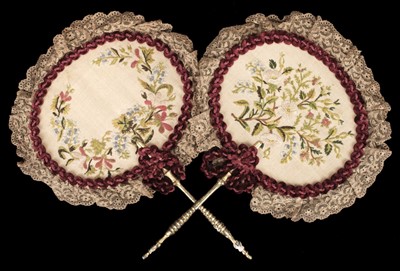 Lot 423 - Fans. A pair of embroidered face screen fans, early 19th century