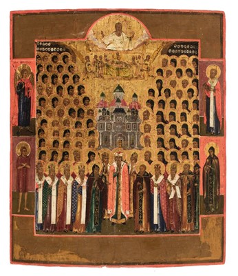 Lot 56 - Russian School. Icon: Synaxis of Saints and Holy Fathers, 19th century, tempera and gilt on panel