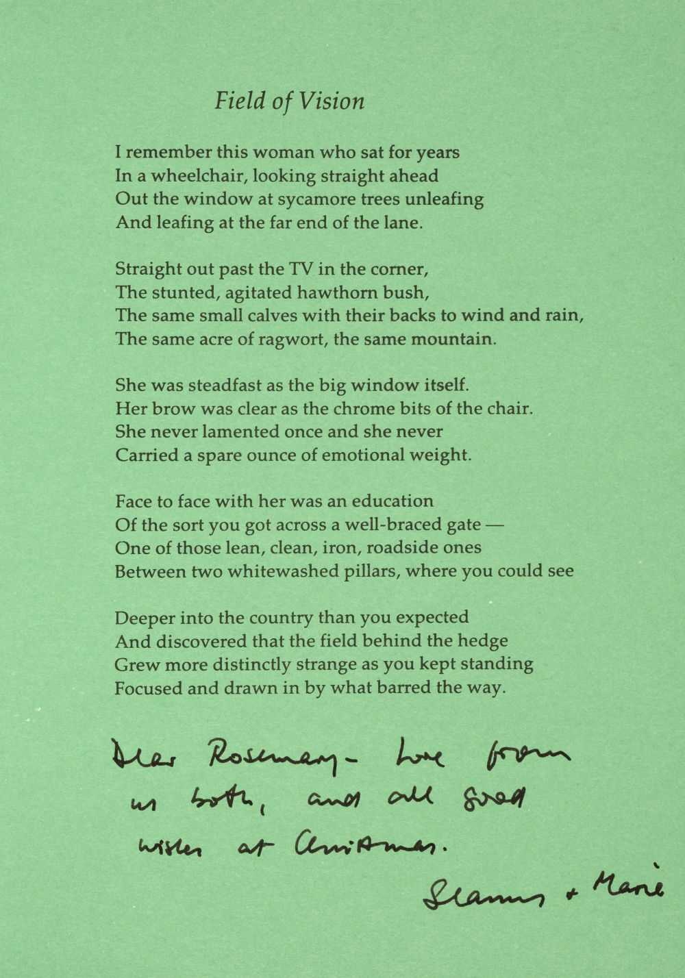 Lot 738 - Heaney (Seamus, 1939-2013). Christmas card, printed privately by Peter Fallon for the Heaneys