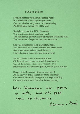 Lot 738 - Heaney (Seamus, 1939-2013). Christmas card, printed privately by Peter Fallon for the Heaneys