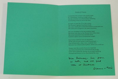 Lot 738 - Heaney (Seamus, 1939-2013). Christmas card, printed privately by Peter Fallon for the Heaneys