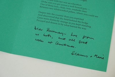 Lot 738 - Heaney (Seamus, 1939-2013). Christmas card, printed privately by Peter Fallon for the Heaneys