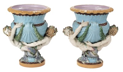 Lot 258 - Minton Jardinieres. A pair of Victorian Minton majolica 'Marine' jardinieres, circa 1869