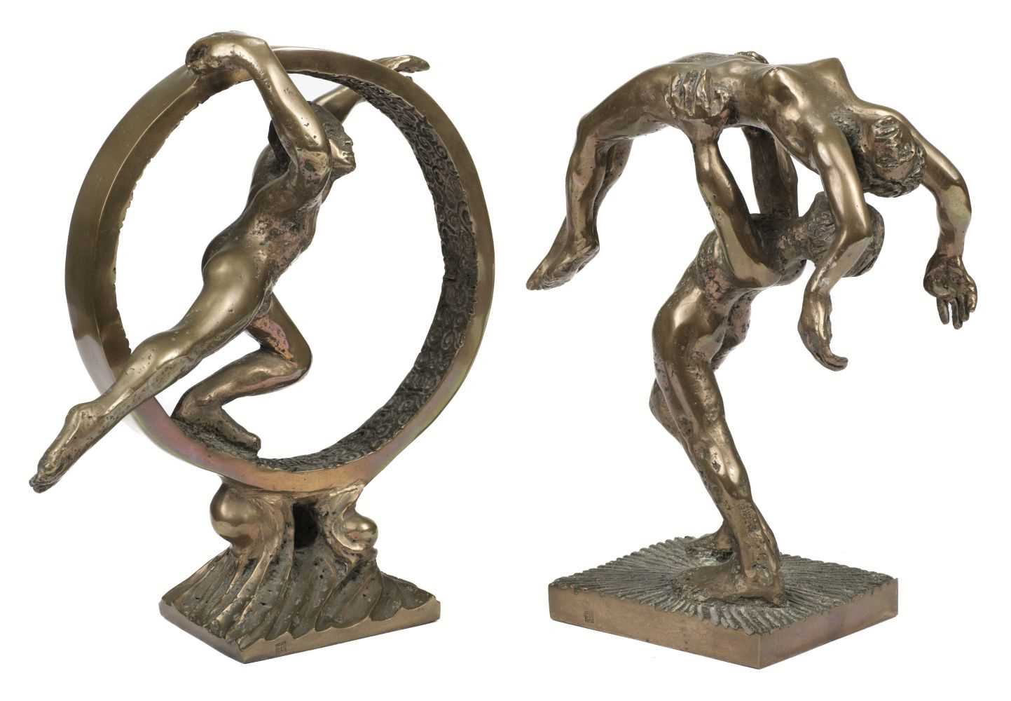 Lot 152 - Bottomley (Ernest, 1934-2006). Man supporting a Woman; and Through the Loop, bronze maquettes, 1996