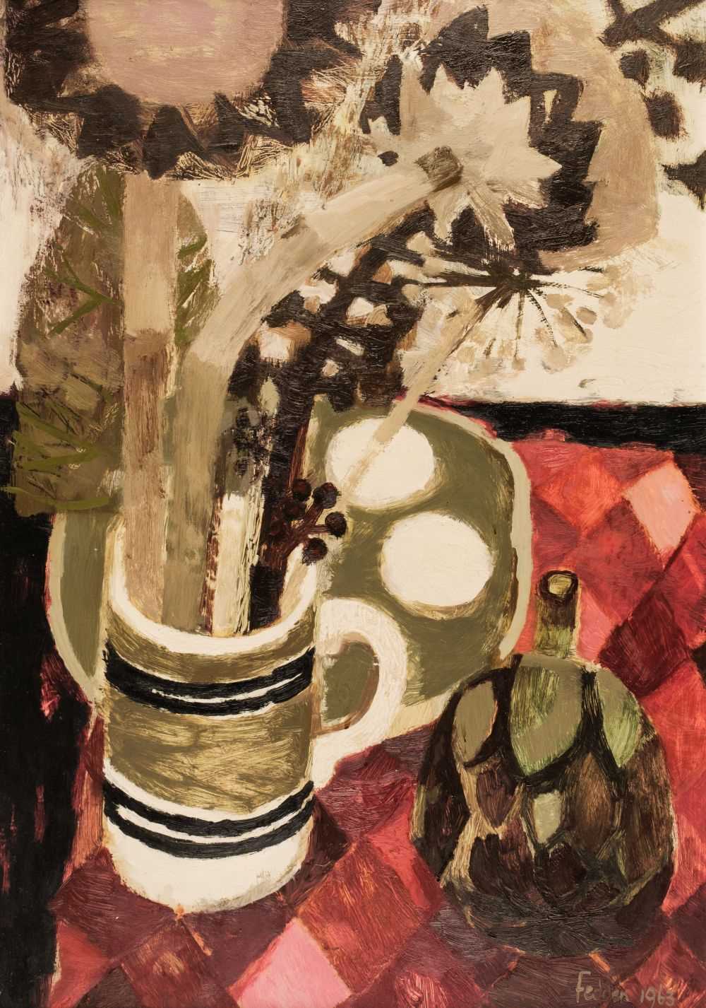 175 - Fedden, Mary,  Still Life with Artichoke Flowers, 1963, oil on board, signed and dated