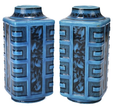 Lot 247 - Mintons. A pair of Mintons aesthetic cuboid pottery vases circa 1870