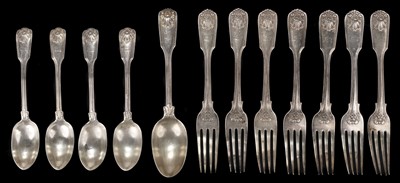 Lot 282 - Silver. Victorian silver fiddle and shell pattern flatware by George Adams, London 1875