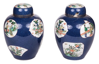Lot 11 - Ginger Jars. A pair of 19th/20th century Chinese Kangxi Wucai style ginger jars and covers