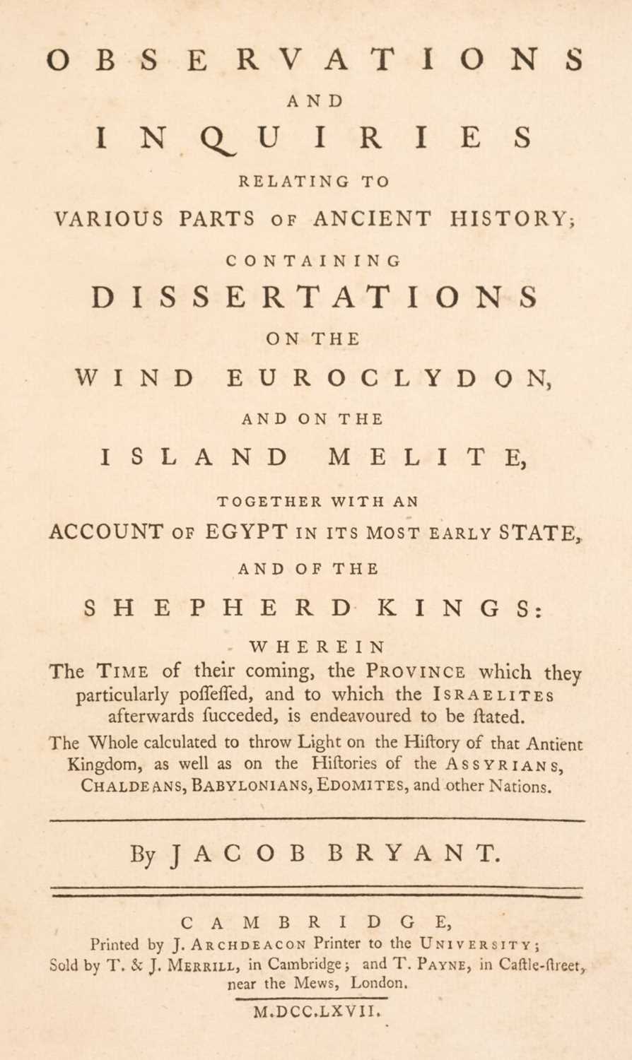 Lot 143 - Bryant (Jacob). Observations relating to various parts of ancient history..., 1767