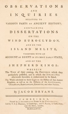 Lot 143 - Bryant (Jacob). Observations relating to various parts of ancient history..., 1767