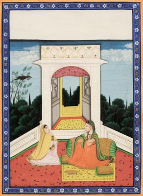 Lot 238 - Pahari School. Princess listening to her confidante, circa 1820-50, watercolour, pen, ink, gold