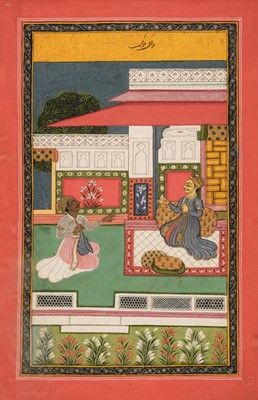 Lot 239 - Rajasthan School. A Tambur player kneeling before a ruler at dusk, circa 1820-50, fine Ragamala miniature