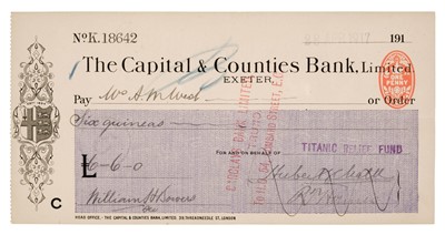 Lot 416 - Titanic Relief Fund. A cheque for six guineas payable to Mrs Ada Mary West, 1917