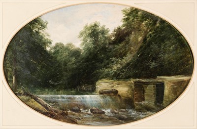 Lot 67 - English School. Wooded River Landscape with a Weir (oval), 19th century, oil on card