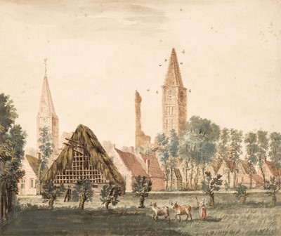 Lot 20 - Dutch School. A View of a Town with a Barn, 18th century, watercolour on laid paper