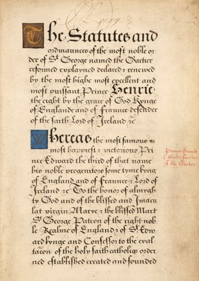 Lot 21 - Order of the Garter. Illuminated manuscript on vellum, [England: ?Windsor, between 1558 and 1562]