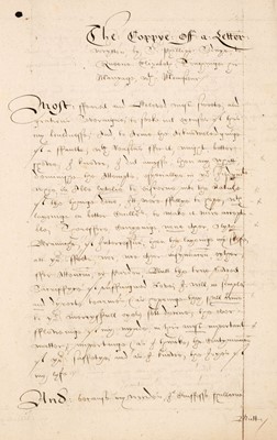 Lot 54 - Sidney (Philip, 1554-1586).  'The Coppye of a Letter wrytten by Sr: Phillipp Sidnye, c. 1620