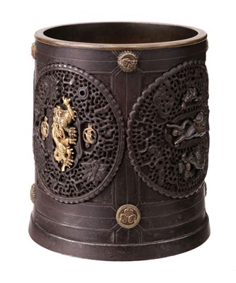 Lot 73 - Brush Pot. Japanese bronzes paginated bronze brush pot, Meiji period