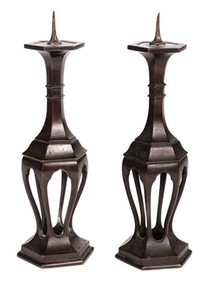 Lot 93 - Candle Holders. Pair of bronze hexagonal candle holders, 17th/18th Century